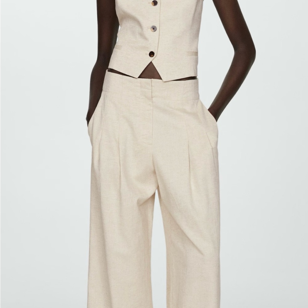 Mango Cream Wide Leg Linen Women's Pants